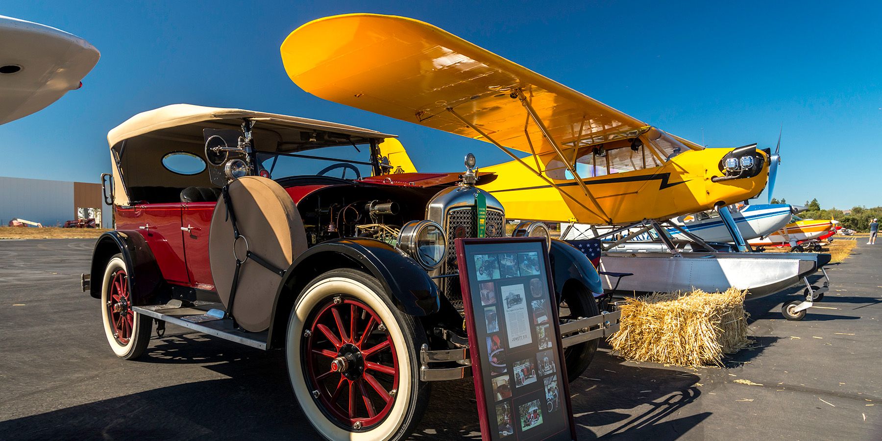 yellow piper behind a dark red model-T-type car